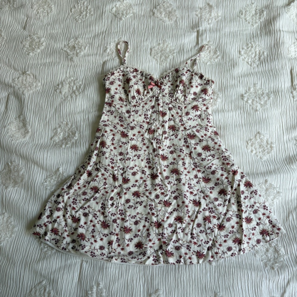 Trixxi Floral Mini Dress Cream Burgundy Linen Blend Cottagecore Coquette Small